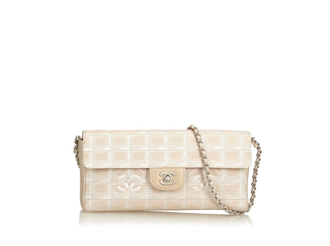 Chanel Nuova patta per catena da viaggio Marrone Bianco Beige Crudo Pelle Panno  ref.91955
