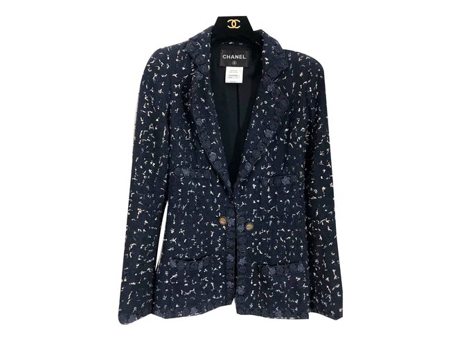 Chanel Veste blazer y tweed Azul marino Seda Algodón  ref.92024