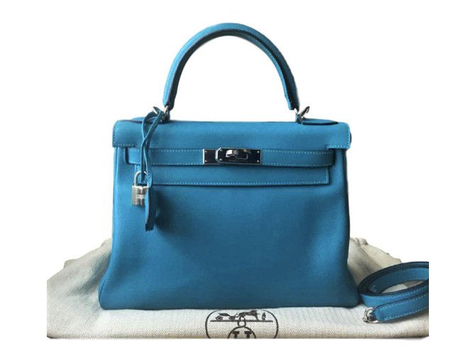 Hermès Kelly 28 Mykonos Swift PHW Azul claro Couro  ref.92101
