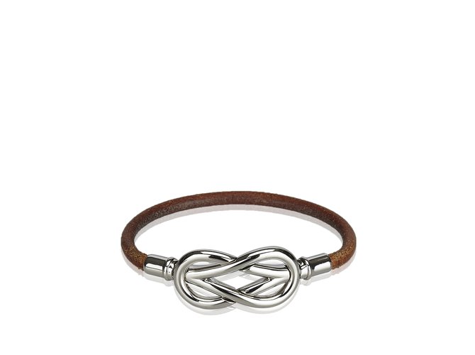 Hermès Leather Infinity Bracelet Brown Silvery Metal  ref.92145