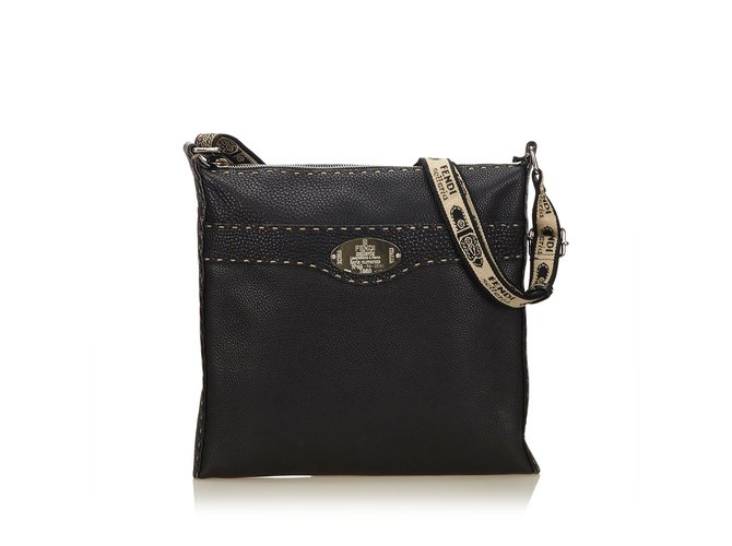 Fendi Leather Selleria Crossbody Bag Black  ref.92184