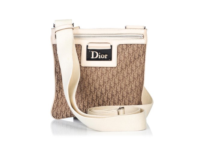 Dior Sac bandoulière en jacquard oblique Cuir Tissu Marron Blanc Beige  ref.92234