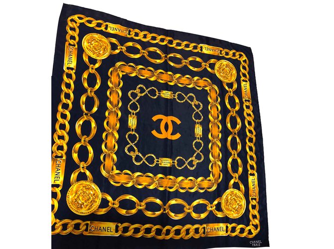 Chanel Scarves Golden Navy blue Silk  ref.92249