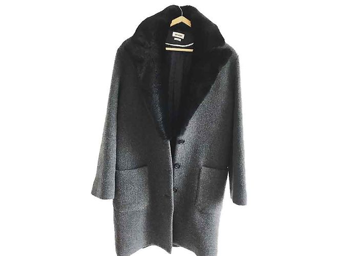 Zadig & Voltaire Oversized Wool Coat with Rabbit Fur Collar Grey