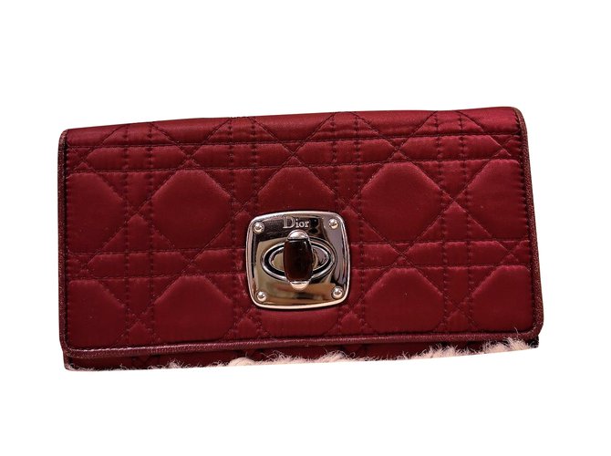 Christian Dior Fabric Wallet.Quilted Bordeaux Closing System Tourned in Natural Amber Dark red Leather  ref.92297
