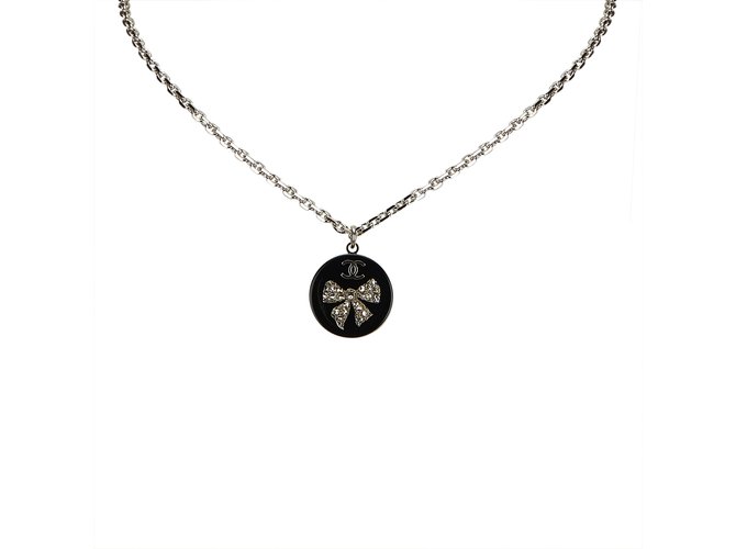 Chanel CC Rhinestone Studded Pendant Necklace Black Silvery Metal Plastic  ref.92393