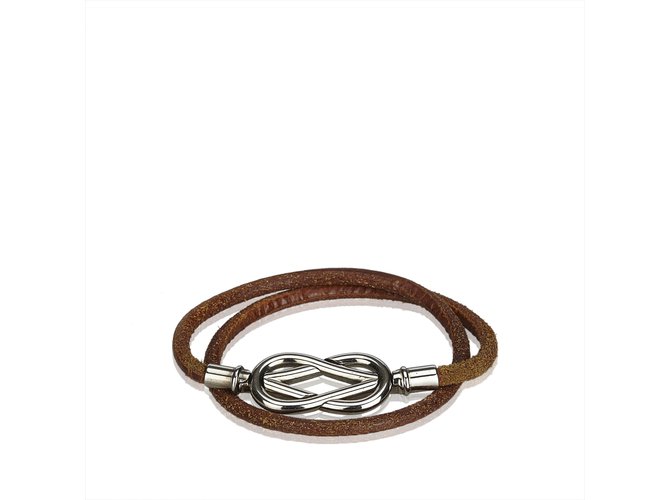 Hermès Leather Infinity Bracelet Brown Silvery Dark brown Metal  ref.92441