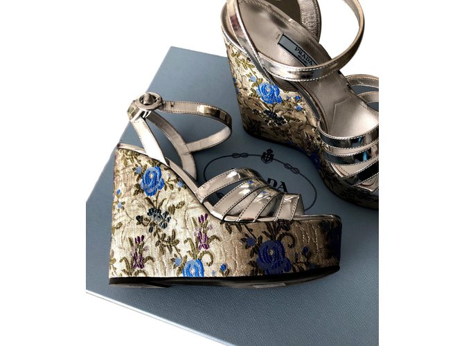 Prada Metallic Silver Floral Jacquard Leather Wedge Sandals