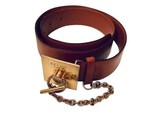 Céline Wide square buckle with chain Caramel Leather  ref.92671