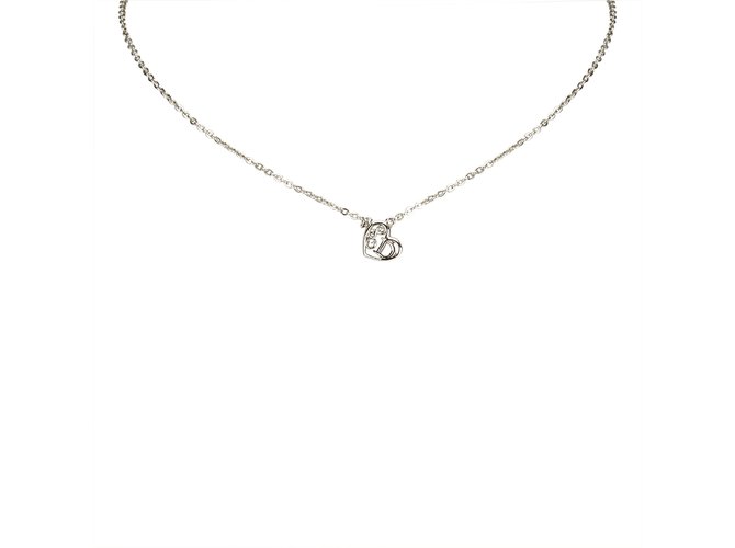 Dior Rhinestone Studded Heart Pendant Necklace Silvery Metal  ref.92689