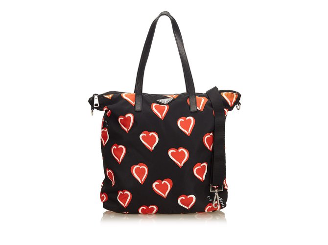 Prada Heart-Printed Nylon Satchel Black Red Leather Cloth  - Joli  Closet