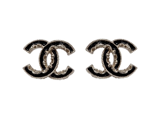 NIB Chanel Iconic Large CC Logo Black Enamel Gold Tone Statement Stud  Earrings