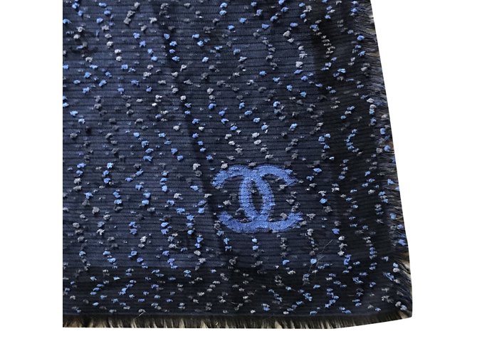 Chanel Grand Châle Coton Cachemire Laine Noir Bleu clair Bleu foncé  ref.92863