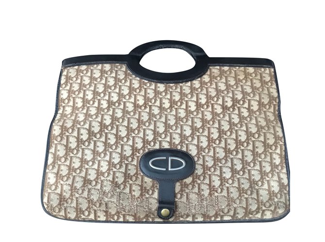 Christian Dior Borsa Marrone Pelle Cotone  ref.92872