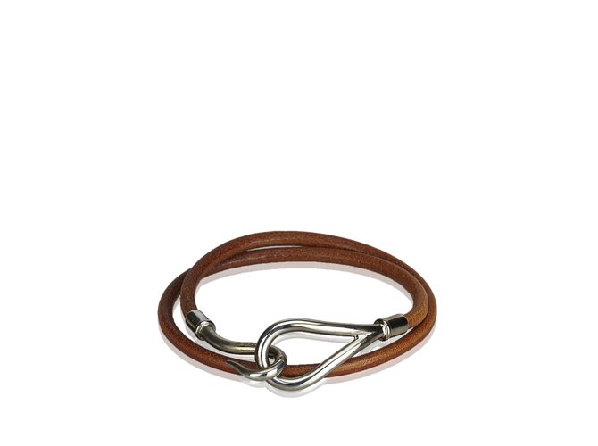 Hermès Jumbo Hook Double Tour-Armband Braun Silber Leder Metall  ref.92976