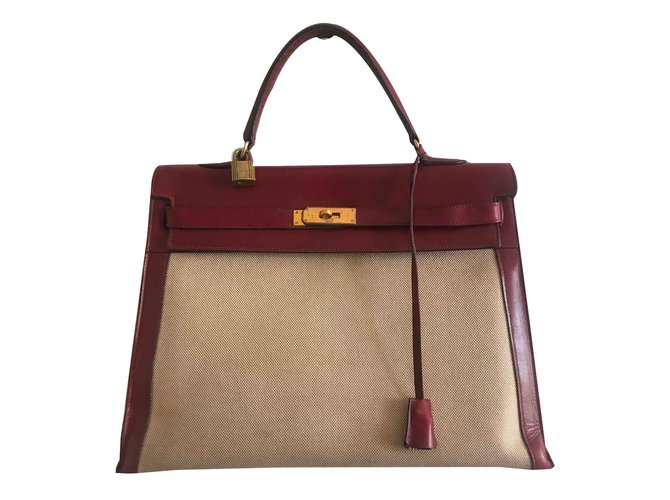 Hermès Kelly 35 Beige Dark red Leather Cotton  ref.93238