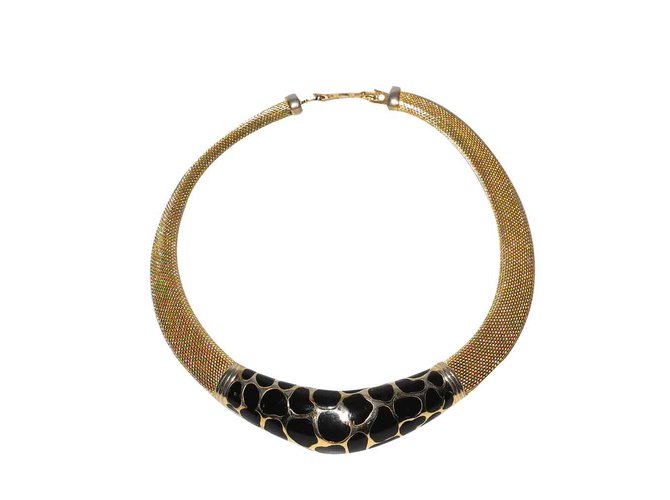 Christian Dior collier ras du cou en métal doré émaillé façon panthère Noir  ref.93250