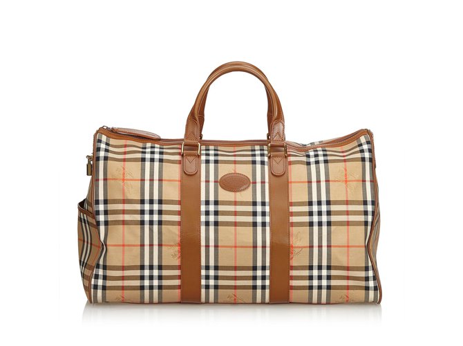 Burberry Haymarket Check Jacquard Travel Bag Brown Multiple colors Beige Leather Cloth  ref.93499