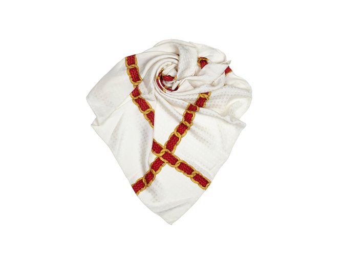 Chanel Foulard en soie imprimée Tissu Blanc Rouge Écru  ref.93720