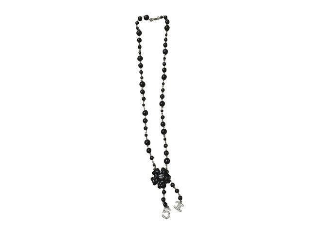 Chanel Lange Halsketten Schwarz Perle  ref.93799