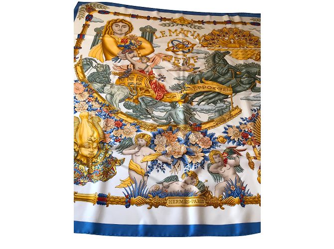 Hermès Der Morgen neun Weiß Blau Golden Seide