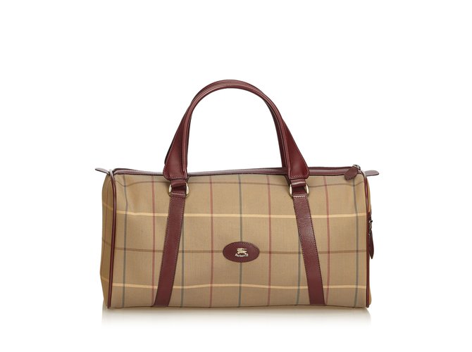 Burberry Plaid Jacquard Travel Bag Brown Multiple colors Beige Leather Cloth  ref.94717