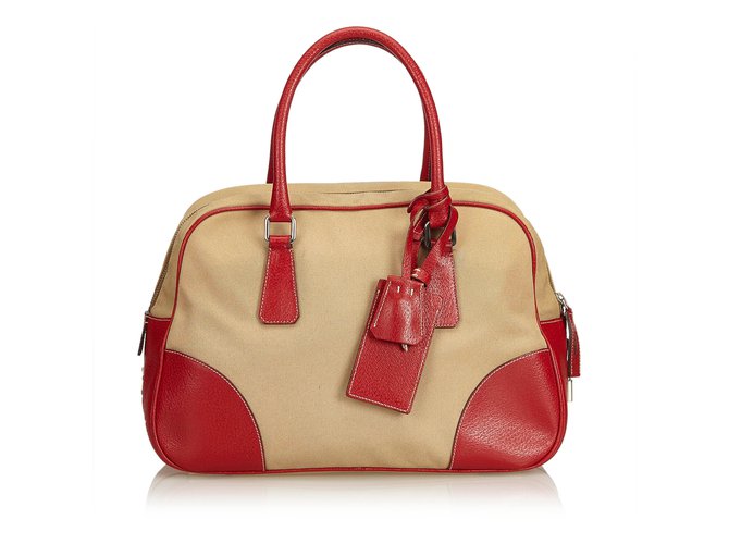 Prada Canvas Bowler Bag Brown Red Beige Leather Cloth Cloth  ref.94736