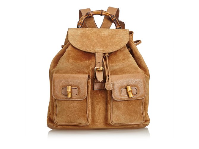 Gucci Bamboo Suede Drawstring Backpack Brown Beige Leather  ref.94757