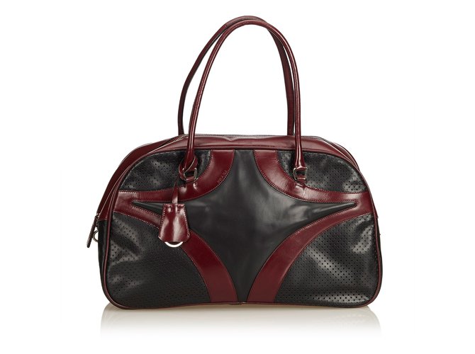 Prada Perforated Leather Boston Bag Black Red  ref.94760