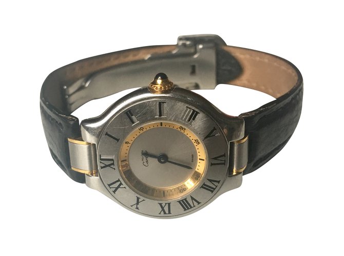 Cartier Must 21 Black Silvery Golden Grey Leather Steel Yellow gold Gold  ref.98305