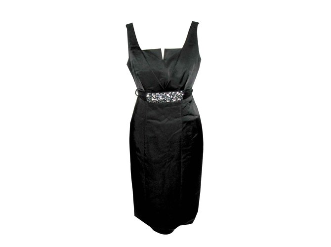 Autre Marque Satin dress with diamontee belt Black Viscose Elastane  ref.98327