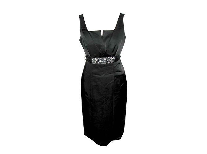 Autre Marque Satinkleid mit Diamantengürtel Schwarz