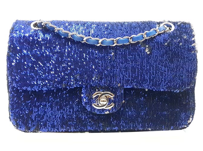 Timeless Chanel Bolsa Prata Azul Azul marinho Couro Pano Cetim  ref.98361