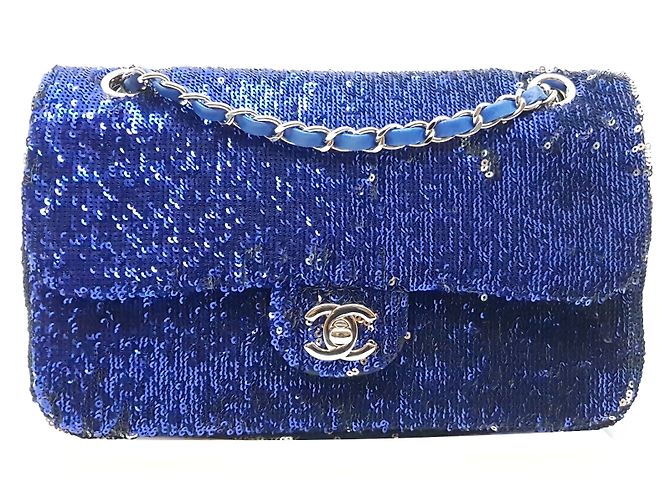 Timeless Chanel borsetta Argento Blu Blu navy Pelle Panno Raso