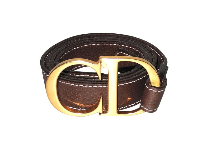 Christian Dior ceinture fine en cuir marron, logo CD en métal doré brossé superbe  ref.98472