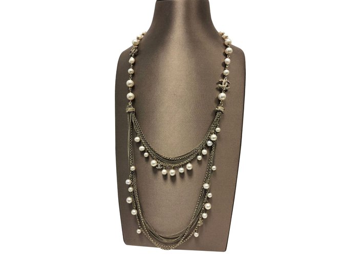 Collar de doble capa Chanel Pearl Dorado Metal Perla  ref.98591