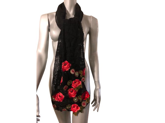 Kenzo Wollschal Schwarz mit rotem Blumenmuster