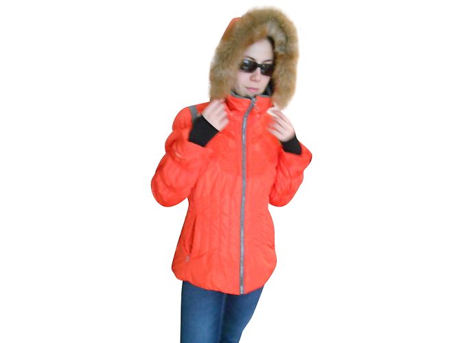 Autre Marque Lutha Bestickter Mantel Orange aus Polyester mit Pelzkapuze