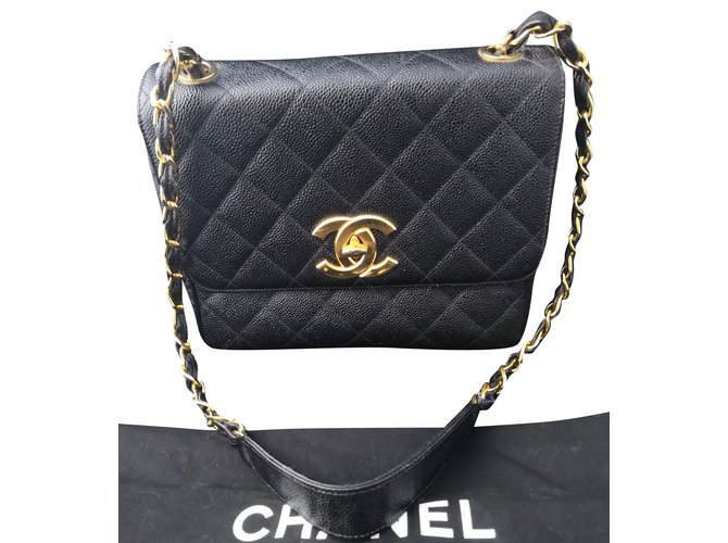 Classique Vintage merveilleux Sac Chanel Til8 Cuir Plaqué or Noir Doré  ref.98803