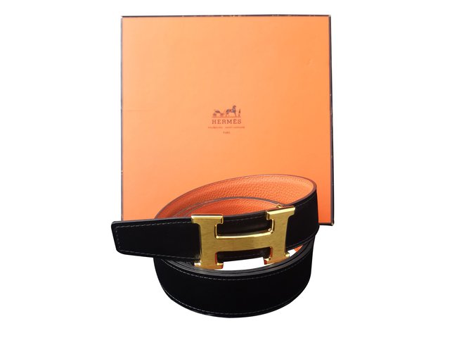 Hermès Superb reversible belt Black Golden Orange Leather Steel  ref.98809
