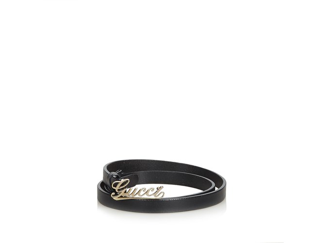 Gucci Monogram Cursive Buckle Name Belt Black Golden Leather Metal  ref.98945