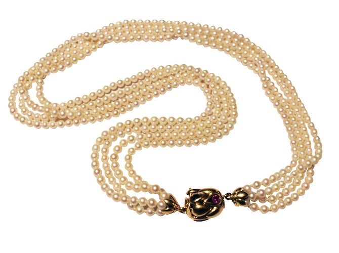 Autre Marque Collar de 4 filas de perlas con cierre de oro amarillo de zafiros y rubelitas Beige