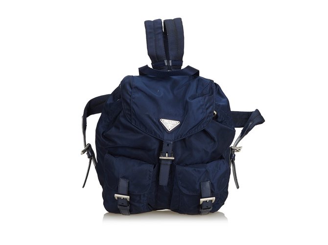 Prada Nylon Backpack Blue Navy blue Leather Cloth  ref.99257