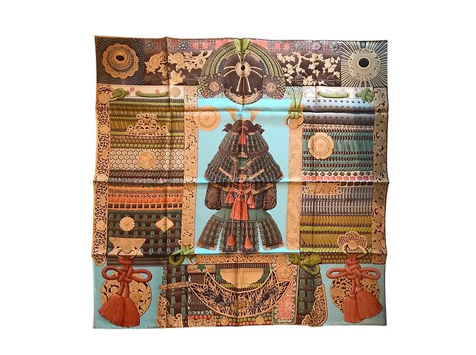 Hermès Hermes Square 90 Seda Parada do Samurai Azul