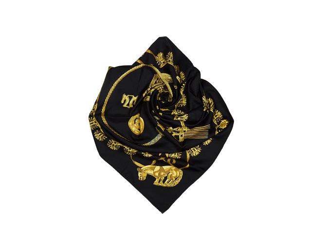 Hermès Les Cavaliers d Or Silk Scarf Black Golden Cloth  ref.100121