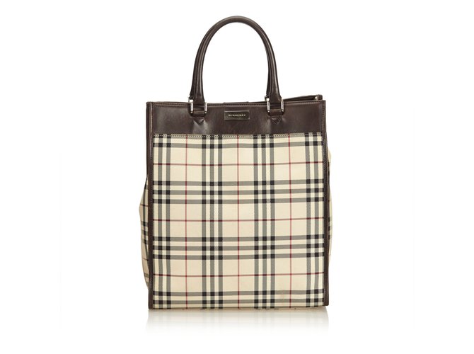 Burberry Plaid Coated Canvas Handbag Brown Multiple colors Beige Leather Cloth Cloth  ref.100153