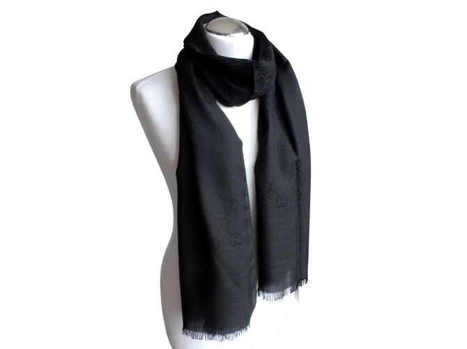 gucci woll silk scarf black new Nero Seta Lana  ref.100268