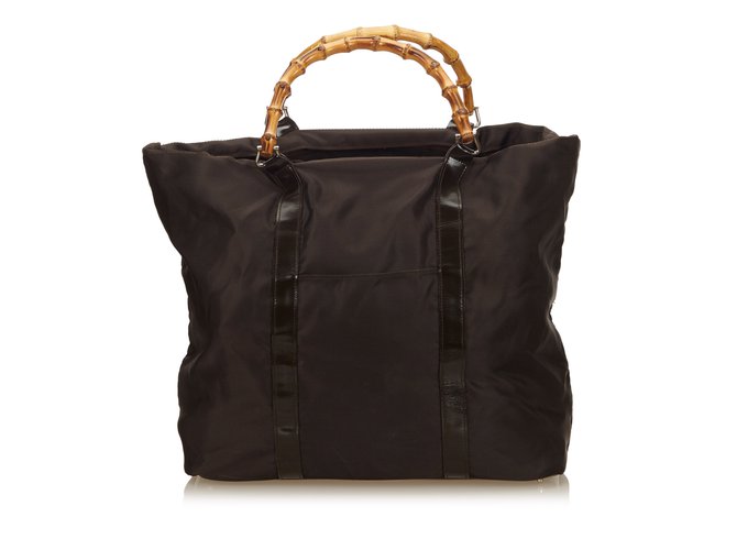 Gucci Nylon Bamboo Handbag Brown Dark brown Leather Cloth  ref.100311