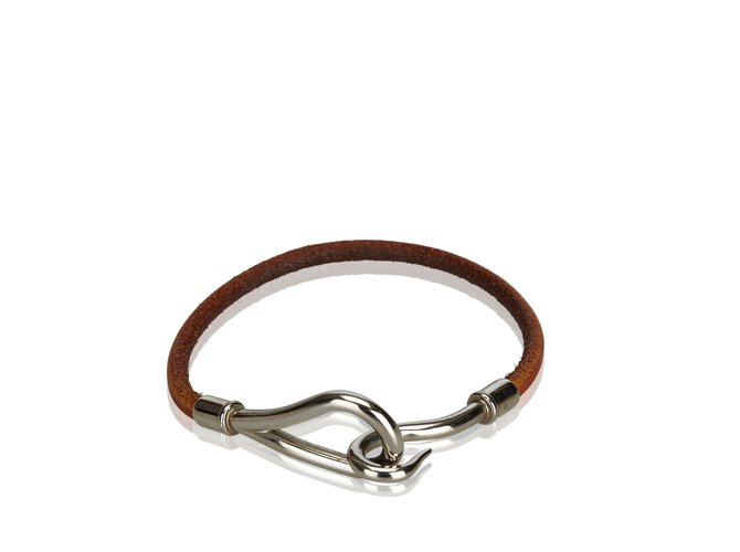 Hermès Jumbo Hook Bracelet Brown Silvery Leather Metal  ref.100485