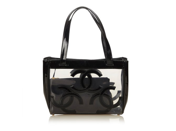 Chanel Sac cabas en vinyle transparent Cuir Cuir vernis Plastique Noir  ref.100518